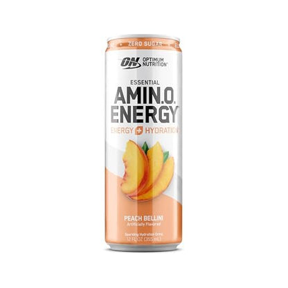 Optimum Nutrition Amino Energy Sparkling Hydration Drink, Electrolytes, Caffeine, Amino Acids, BCAAs, Sugar Free, Peach Bellini, 12 Fl Oz, 12 Pack