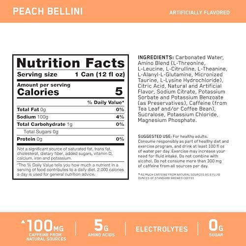 Optimum Nutrition Amino Energy Sparkling Hydration Drink, Electrolytes, Caffeine, Amino Acids, BCAAs, Sugar Free, Peach Bellini, 12 Fl Oz, 12 Pack - görsel 4