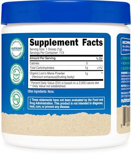 Nutricost Organic Lion's Mane Mushroom Powder 4oz - Certified USDA Organic - görsel 2