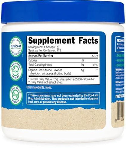 Nutricost Organic Lion's Mane Mushroom Powder 4oz - Certified USDA Organic