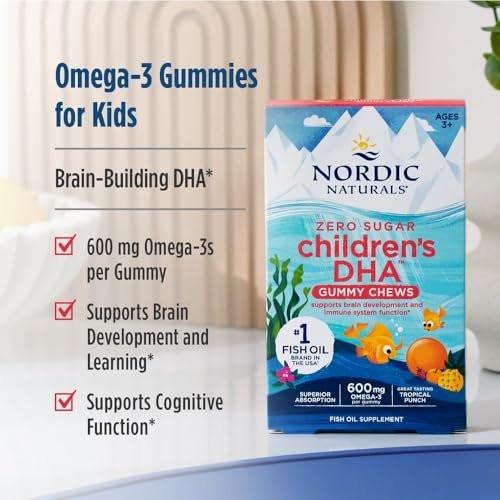 Nordic Naturals Zero Sugar Children’s DHA Gummy Chews, Tropical Punch - 30 Gummy Chews for Kids - 600 mg Total Omega-3s - Brain Development, Learning, Healthy Immunity - Non-GMO - 30 Servings - görsel 5
