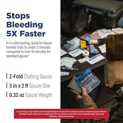 Adventure Medical Kits QuikClot Advanced Clotting Gauze - Stops Bleeding Up to 5X Faster Than Standard Gauze - Kaolin Hemostatic Dressing - for First Aid Kits & Survival Gear - 3 x 24