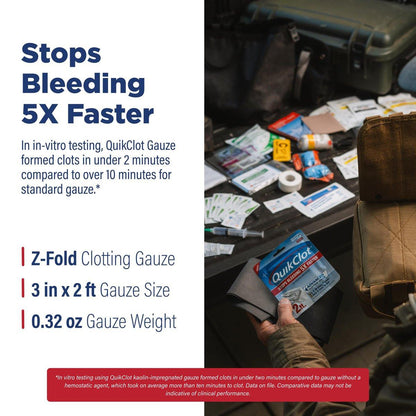 Adventure Medical Kits QuikClot Advanced Clotting Gauze - Stops Bleeding Up to 5X Faster Than Standard Gauze - Kaolin Hemostatic Dressing - for First Aid Kits & Survival Gear - 3 x 24