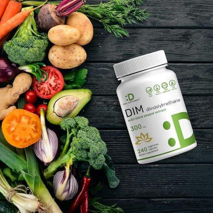DIM Supplement 300mg with Black Pepper, 240 Vegetarian Caps, 4 Months Supply | 2-in-1 Dim Supplement for Women & Men | Diindolylmethane Plus Black Pepper Extract for Enhanced Absorption*