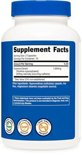 Nutricost Guarana 1000mg Serving, 150 Vegetarian Capsules - Natural Herbal Brazilian Caffeine Energizer Supplement - görsel 3