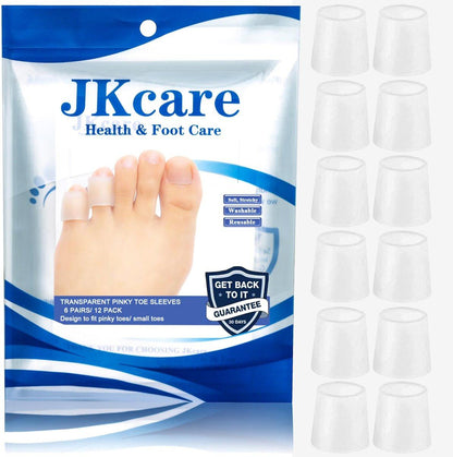 JKcare Transparent Pinky Toe Sleeves, Silicone Corn Cushions Pads, 12 Pack Little Toe Protectors for Corn, Blister and Injured Toenail Protection