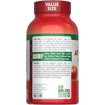Nature's Truth Apple Cider Vinegar Capsules | 1200mg | 200 Pills | Extra Strength | Value Size | Non-GMO, Gluten Free Supplement