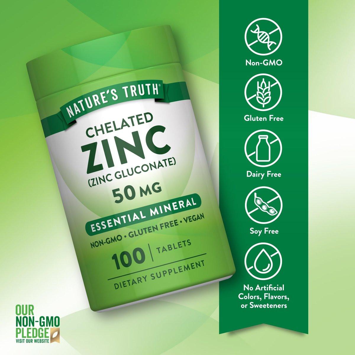Nature's Truth Chelated Zinc 50mg | 100 Tablets | Essential Mineral Supplement | from Zinc Gluconate | Vegan, Non-GMO & Gluten Free - görsel 5