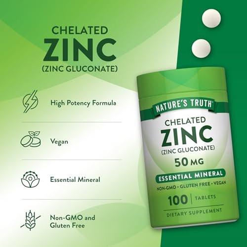 Nature's Truth Chelated Zinc 50mg | 100 Tablets | Essential Mineral Supplement | from Zinc Gluconate | Vegan, Non-GMO & Gluten Free - görsel 10
