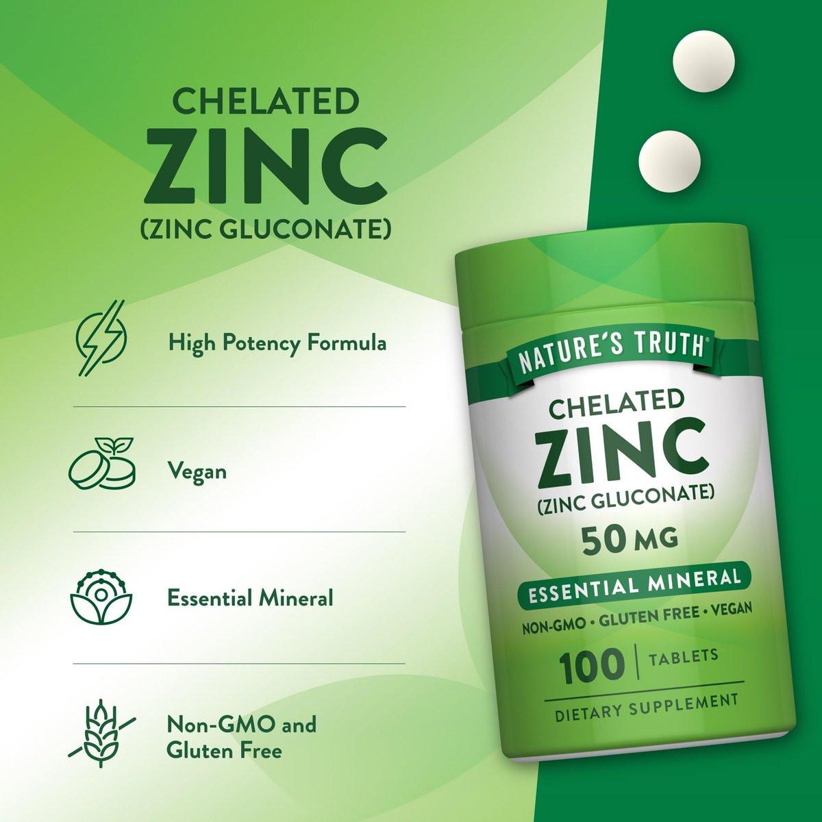 Nature's Truth Chelated Zinc 50mg | 100 Tablets | Essential Mineral Supplement | from Zinc Gluconate | Vegan, Non-GMO & Gluten Free - görsel 9