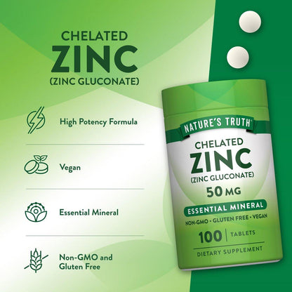 Nature's Truth Chelated Zinc 50mg | 100 Tablets | Essential Mineral Supplement | from Zinc Gluconate | Vegan, Non-GMO & Gluten Free