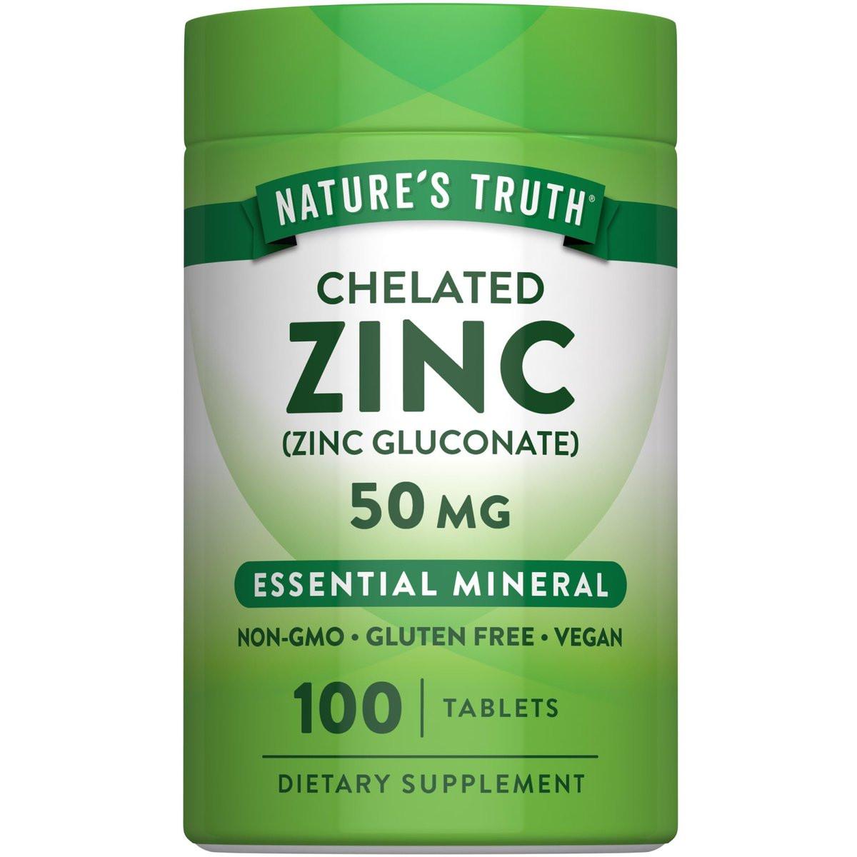 Nature's Truth Chelated Zinc 50mg | 100 Tablets | Essential Mineral Supplement | from Zinc Gluconate | Vegan, Non-GMO & Gluten Free - görsel 1