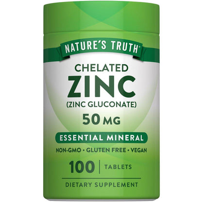Nature's Truth Chelated Zinc 50mg | 100 Tablets | Essential Mineral Supplement | from Zinc Gluconate | Vegan, Non-GMO & Gluten Free