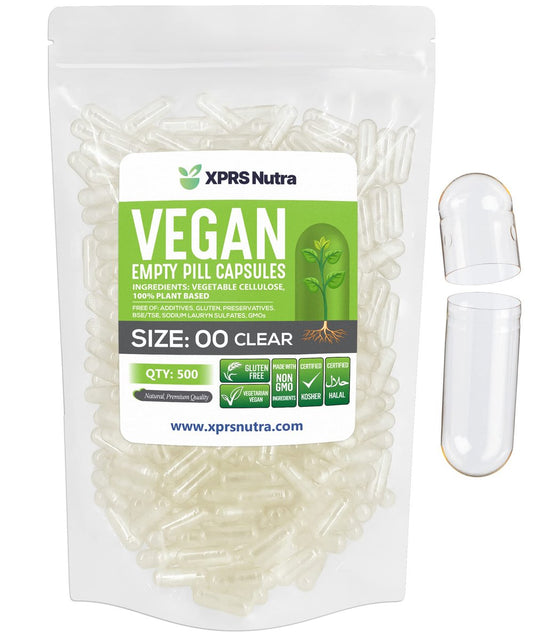 XPRS Nutra Size 00 Empty Capsules - 500 Count Clear Empty Vegan Capsules - Vegetarian Empty Pills - DIY Vegetable Capsule Filling- Veggie Pill Caps
