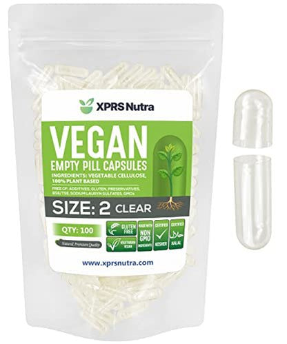 XPRS Nutra Size 2 Empty Capsules - 100 Clear Empty Vegan Capsules - Vegetarian Pill - DIY Vegetable Capsule Filling - Veggie Caps Pills for Do-It-Yourself Supplements