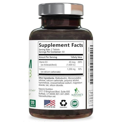 Calcium Supplement with Vitamin D3-1200 mg Calcium per Serving with D3 for Best Absorption - Supports Immune Health, Bones & Teeth - Nature's Calcium is Bottled in USA for Women & Men - 60 Tablets