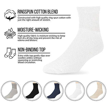Big and Tall Diabetic Neuropathy Ankle Socks, King Size Mens Athletic Quarter Socks (13-16, White) - 12 Pairs