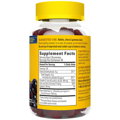 Nature Made Elderberry Gummies with Vitamin C and Zinc, Dietary Supplement for Immune Support, 100 Gummies, 50-Day Supply