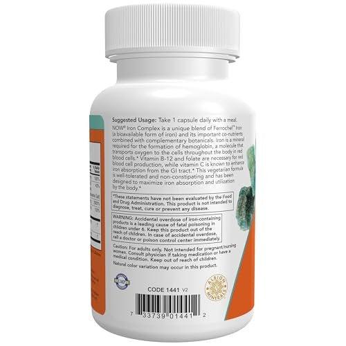 NOW Foods Supplements, Iron Complex Caps, Non-Constipating*, Essential Mineral, 100 Veg Capsules - görsel 5