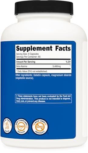 Nutricost Beta-Alanine Capsules 3400mg, 240 Capsules (60 Serv) - Potent Beta Alanine, Gluten Free & Non-GMO, 850mg Per Cap - görsel 1