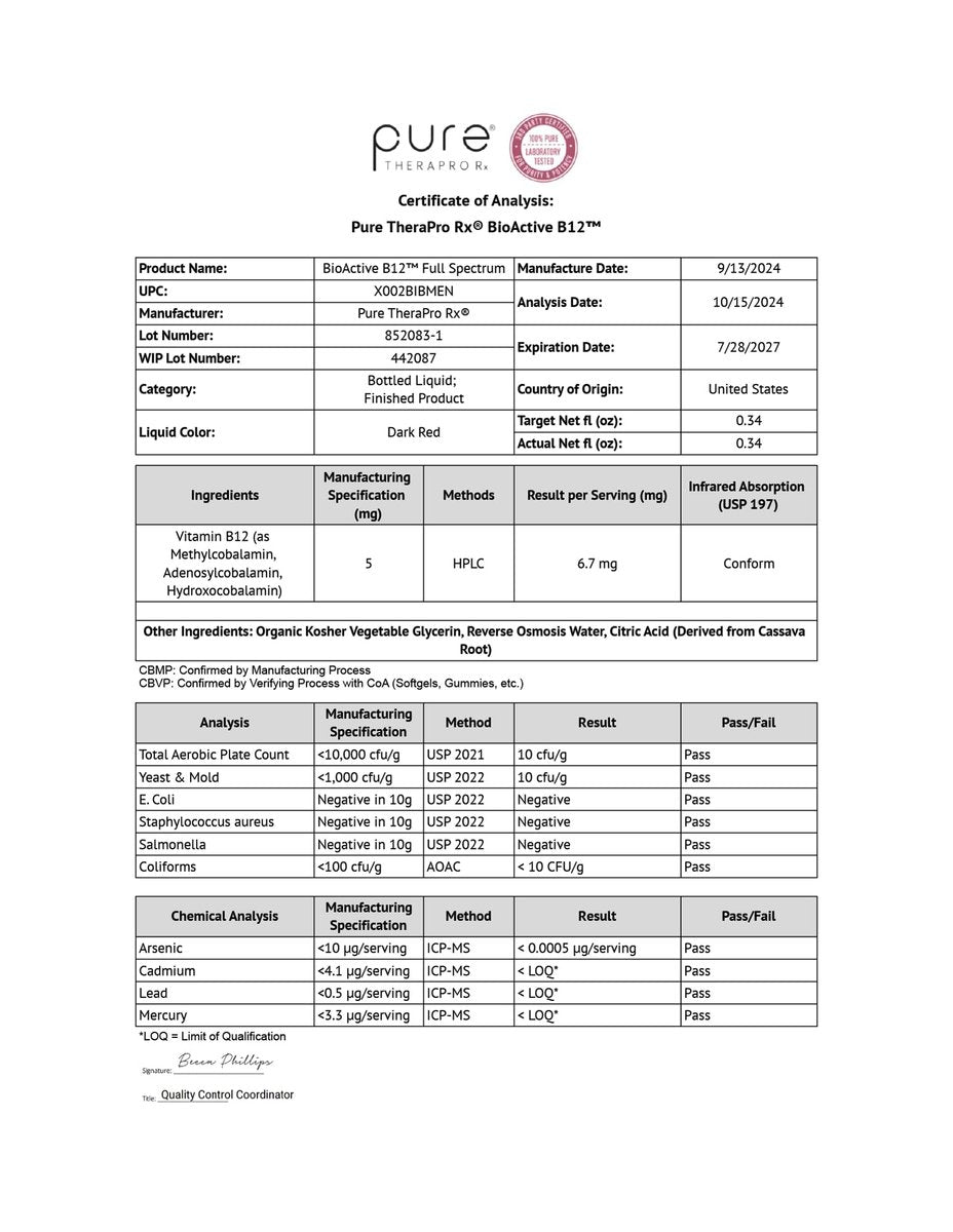 Pure TheraPro BioActive Vegan Methylated Vitamin B12 Sublingual Liquid Methylcobalamin, Hydroxocobalamin & Adenosylcobalamin 1,000 mcg per Drop (4 Drops = 5,000mcg / 2 Month Supply) 10 ml - görsel 4