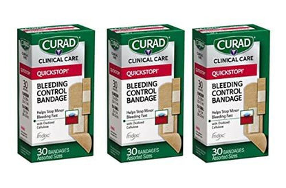 Curad Quickstop Flex-Fabric Bandages with Bleeding Control Technology, Assorted Sizes, 30 Count (Pack of 3)