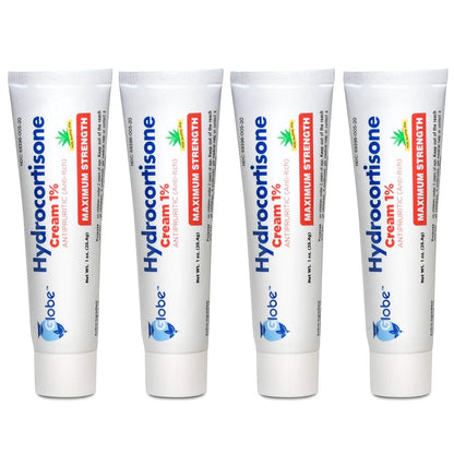 Globe Hydrocortisone Maximum Strength Anti-Itch Cream 1% w/Aloe, Intensive Formula for Redness, Rash, Bug & Mosquito Bites, Eczema, Hemorrhoids, Sensitive Skin, Instant Itch Relief, 1 oz Tube (Pack of 4)