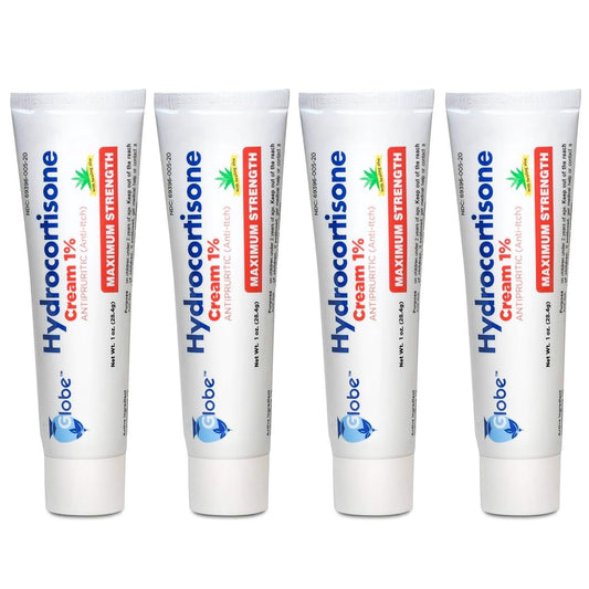 Globe Hydrocortisone Maximum Strength Anti-Itch Cream 1% w/Aloe, Intensive Formula for Redness, Rash, Bug & Mosquito Bites, Eczema, Hemorrhoids, Sensitive Skin, Instant Itch Relief, 1 oz Tube (Pack of 4)