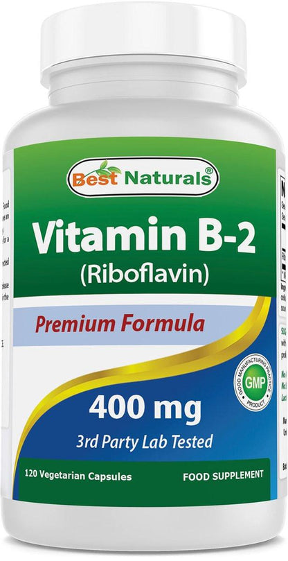 Best Naturals Vitamin B2 (Riboflavin) 400mg - Migraine Relief - Veggie Capsules - Coenzyme Precursor - 120 Count