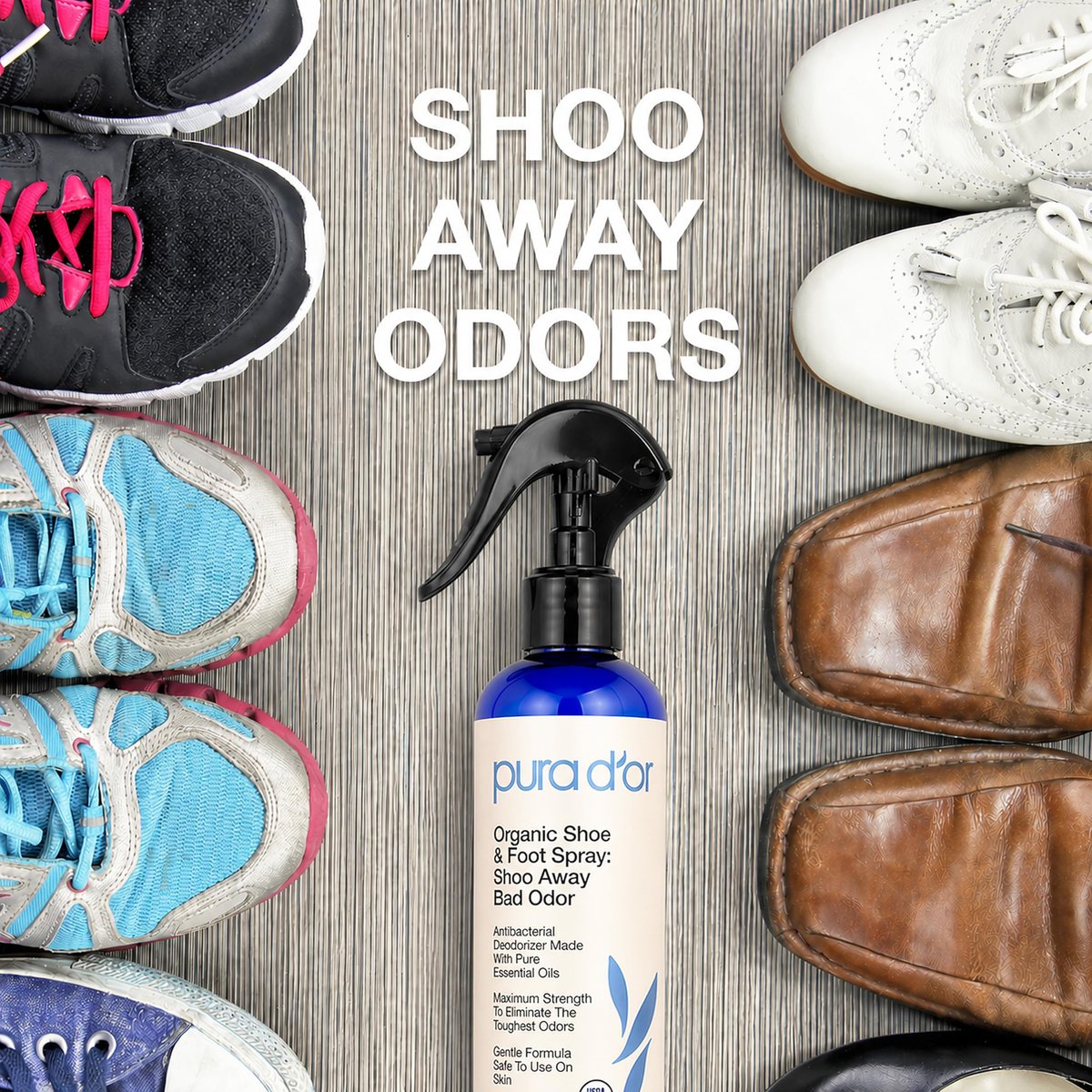 PURA D'OR Organic Shoe & Foot Odor Eliminator Spray (8oz) Deodorizes & Removes Bad Smells with Eucalyptus, Peppermint, Tea Tree, Lemongrass Essential Oil, Maximum Strength (Packaging may vary) - görsel 6