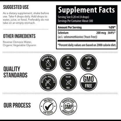 Selenium - 200 mcg, Selenomethionine Form, 300 Servings - Vegan, Glass Bottle, Yeast Free - Sublingual Liquid Concentrate - Antioxidant, Supports Immunity, Thyroid Health (2 oz.)