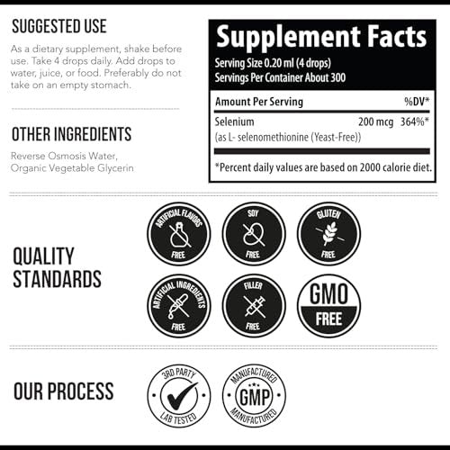 Selenium - 200 mcg, Selenomethionine Form, 300 Servings - Vegan, Glass Bottle, Yeast Free - Sublingual Liquid Concentrate - Antioxidant, Supports Immunity, Thyroid Health (2 oz.) - görsel 11