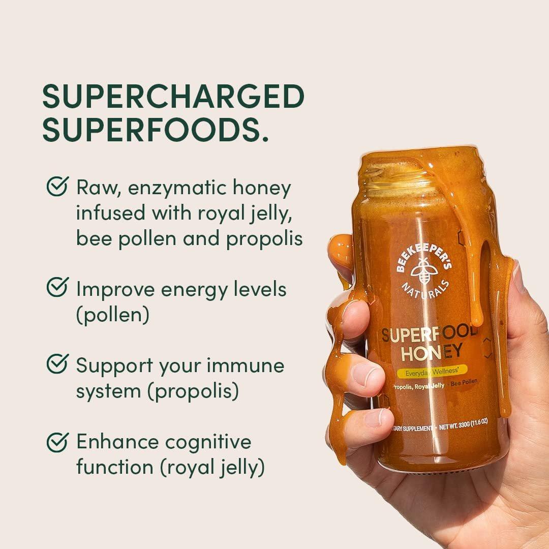 Superfood Honey by Beekeeper's Naturals - Bee Pollen, Royal Jelly, Propolis, Honey - Natural Energy, Immune Support, Mental Clarity, Athletic Performance (4.4 oz) - görsel 9