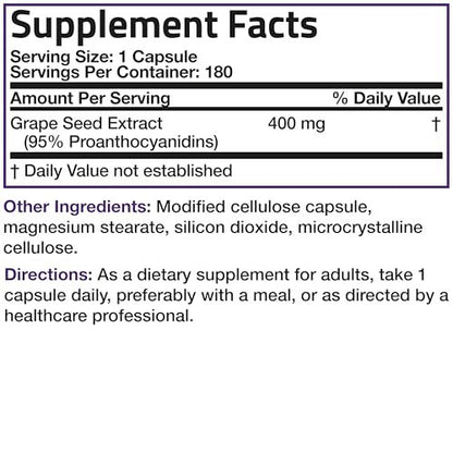 Bronson Grape Seed Extract 400 mg – Antioxidant & Immune Support – Standardized Extract with 95% Proanthocyanidins – Non GMO, 180 Vegetarian Capsules