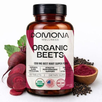 Pomona Wellness Beetroot Supplement 1350mg, Supports Blood Pressure, Heart Health, Circulation, Energy & Athletic Performance, USDA Organic, Non-GMO, Vegan, 100 Tablets