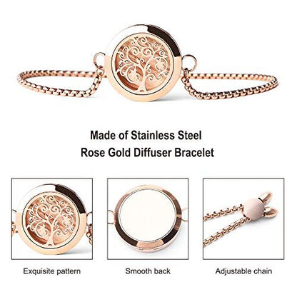 ttstar Essential Oil Diffuser Bracelet Stainless Steel Aromatherapy Locket Adjustable Bracelet Set with 24 Refill Pads in 12 Assorted Colors, Gifts Set for Women (Rose Gold)