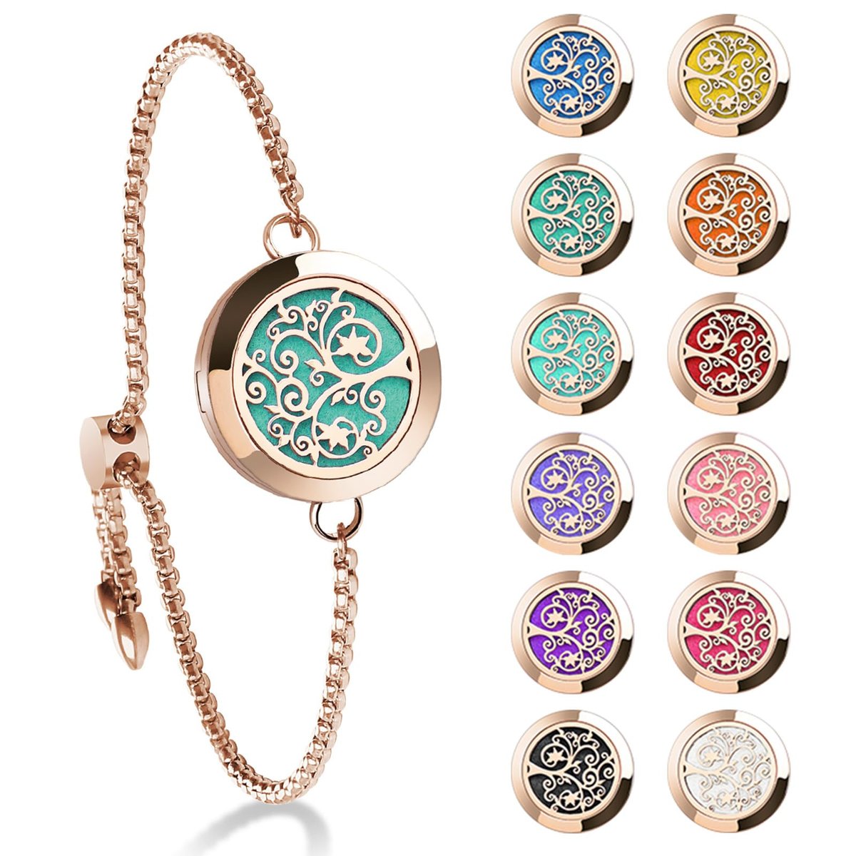 ttstar Essential Oil Diffuser Bracelet Stainless Steel Aromatherapy Locket Adjustable Bracelet Set with 24 Refill Pads in 12 Assorted Colors, Gifts Set for Women (Rose Gold) - görsel 1