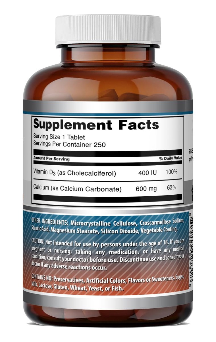 Amazing Formulas Calcium 600 Mg with Vitamin D3 400 IU Tablets Supplement - Non-GMO - Gluten Free - Made in the USA - 1 Pack 250 Count - görsel 1