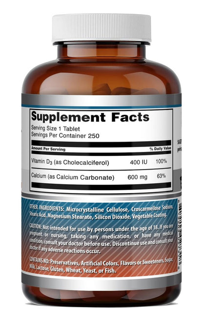 Amazing Formulas Calcium 600 Mg with Vitamin D3 400 IU Tablets Supplement - Non-GMO - Gluten Free - Made in the USA - 1 Pack 250 Count
