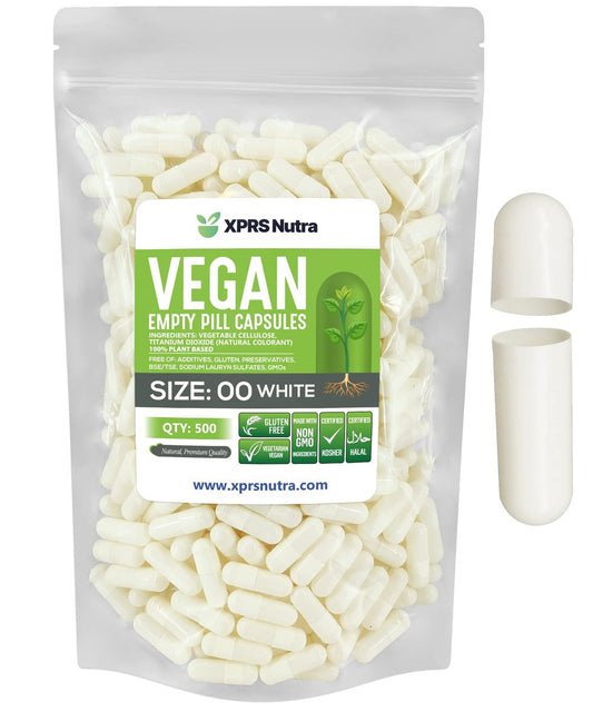XPRS Nutra Size 00 Empty Capsules - 500 Count Empty Vegan Capsules - Vegetarian Empty Pills - DIY Vegetable Capsule Filling- Veggie Pill Caps (White)