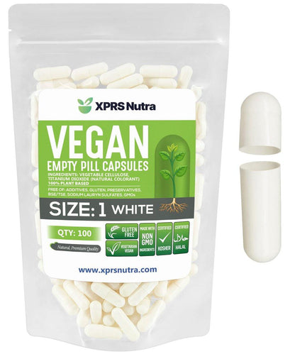 XPRS Nutra Size 1 Empty Capsules - 100 Count Empty Vegan Capsules - Vegetarian Pills - DIY Vegetable Capsule Filling - Veggie Pill Caps for Do-It-Yourself Supplements (White)