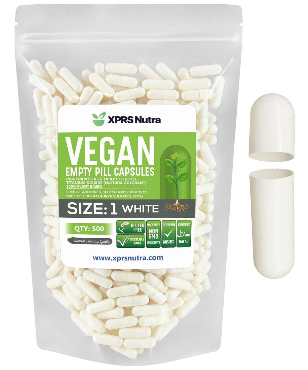 XPRS Nutra Size 1 Empty Capsules - 500 Count Empty Vegan Capsules - Vegetarian Pills - DIY Vegetable Capsule Filling- Veggie Pill Caps for Do-It-Yourself Supplements (White) - görsel 1
