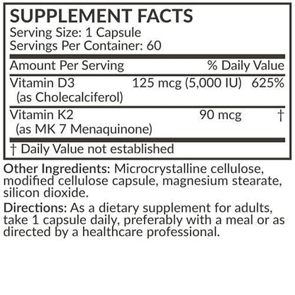 Futurebiotics Vitamin K2 (MK7) with D3 Supplement - Non-GMO Formula - 5000 IU Vitamin D3 & 90 mcg Vitamin K2 MK-7, 120 Vegetarian Capsules