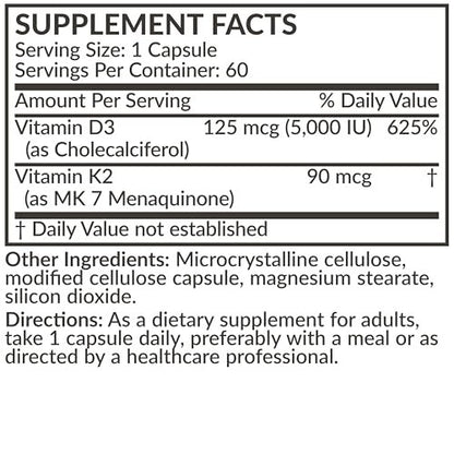Futurebiotics Vitamin K2 (MK7) with D3 Supplement – Non-GMO Formula – 5000 IU Vitamin D3 & 90 mcg Vitamin K2 MK-7, 60 Vegetarian Capsules