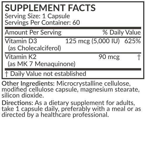 Futurebiotics Vitamin K2 (MK7) with D3 Supplement – Non-GMO Formula – 5000 IU Vitamin D3 & 90 mcg Vitamin K2 MK-7, 60 Vegetarian Capsules - görsel 1