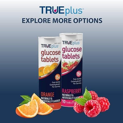 TRUEplus Glucose Tablets, Chewable, Raspberry Flavor, 15g Fast-Acting Carbohydrates, Fat Free, Gluten Free, Boost Energy, 10 Count, 6 Tubes