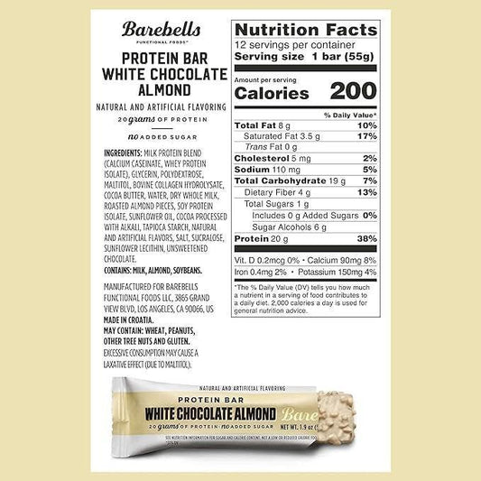 Barebells Protein Bars White Chocolate Almond - 12 Count, 20g High Protein Treats - Chocolate Nutrition Bar with 1g Total Sugars - On-The-Go Breakfast or Post-Workout Snack