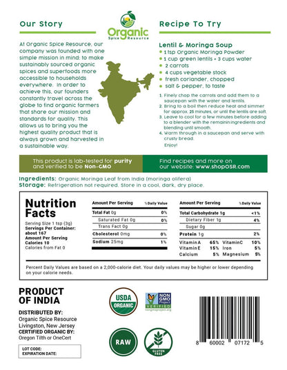 Organic Moringa Powder - 1.10 lbs (17.64 oz) | USDA Organic, Non-GMO, Kosher, Halal, Moringa Oleifera Powder - 100% Raw and Natural