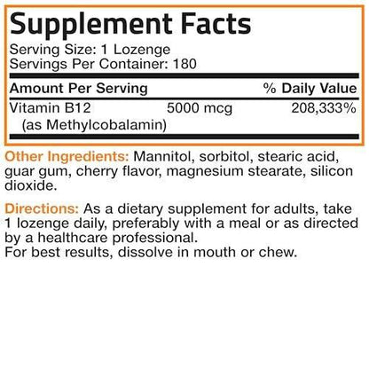 Bronson Methyl B12 5000 mcg Vitamin B12 Methylcobalamin Energy & Brain Support, 180 Lozenges