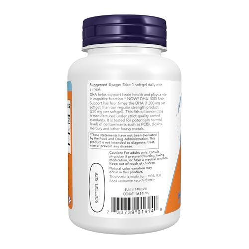 NOW Foods Supplements, DHA 1,000 Brain Support, Extra Strength, 1,000 mg DHA, 90 Softgels - görsel 3